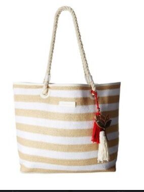 Vera Bradley Stripped Straw Tote, tan & white, EUC!